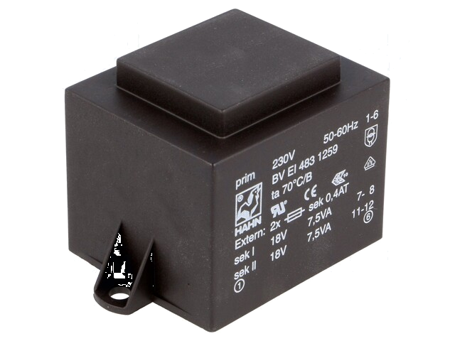 Transformator: ingegoten; 15VA; 230VAC; 18V; 18V; 417mA; 417mA; PCB Transformator: ingegoten; 15VA; 230VAC; 18V; 18V; 417mA; 417mA; PCB